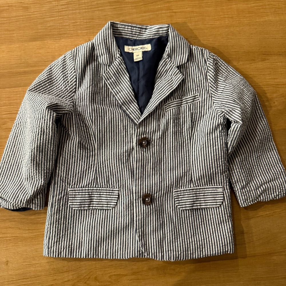 Cherokee Boys Blue White Stripe Blazer Jacket Toddler Size‎ 2T Wedding Formal